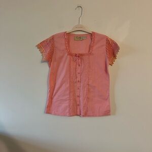 Vintage Scully Western Cottagecore Pink Knit Sleeve Bow Button Down Top S